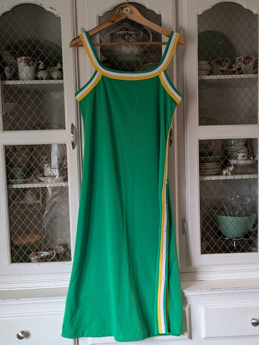 VTG Green Jersey Tank Sleeveless Dress with Yellow & White Trim Athletic Wear